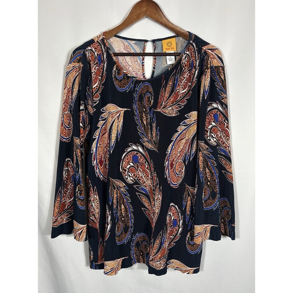 Ruby Rd Women's Paisley Feather Print Top Size L Stretch Bell Sleeve Bobo Atsy